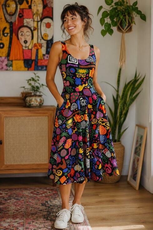 Nooworks Dresses & Skirts - Nooworks Party Mix Vacation Dress Pop Art Print Midi Fit & Flare Pockets Size XS